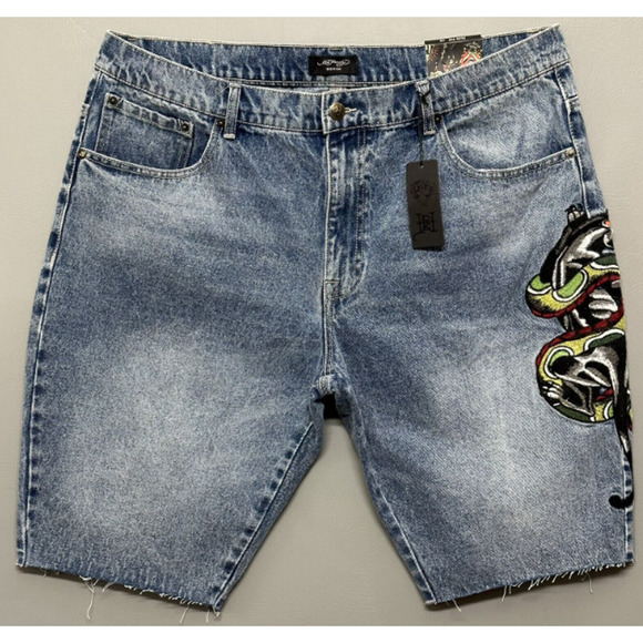 Ed Hardy Vintage Panther Snake Embroidered Denim Jean ShortsMen's Size 38 New